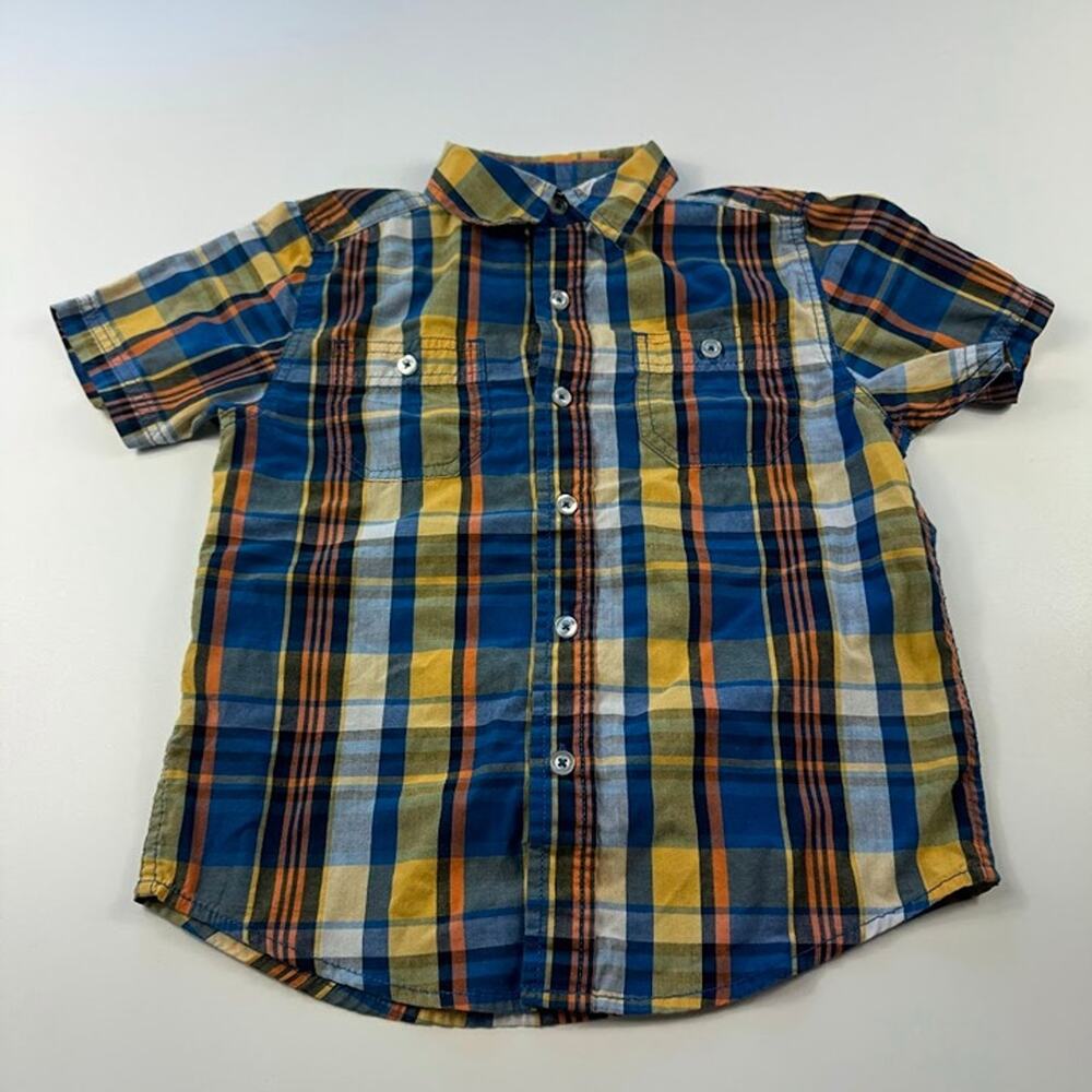Faded Glory Boys Short Sleeve Button Down Plaid Shirt Blue S Small 6-7